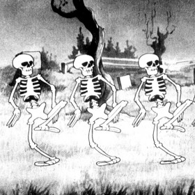 cel frame from cartoon Skeleton Dance showing four skeletons dancing in a row