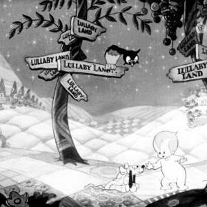 cel from cartoon Lullaby Land showing baby boy touching a patchwork dog in a quilted fantasy land