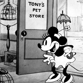 Black and white still from Mickey Mouse cartoon "Pet Store"