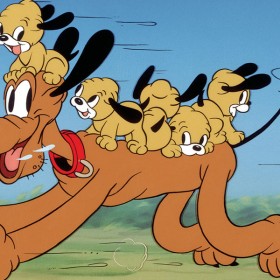 Scene with Pluto running with his puppies on his back