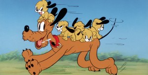 Scene with Pluto running with his puppies on his back