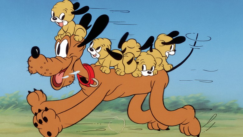 Scene with Pluto running with his puppies on his back