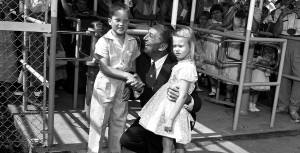 Walt Disney with Christine Vess and Michael Schwartner (Disneyland first public guests)