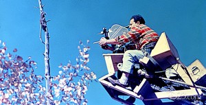 photo of cameraman high up in the air on a crane filming a squirrel that is clinging to a sapling