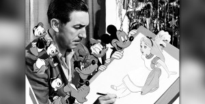 photo of Walt Disney with animated Disney characters