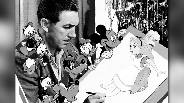 photo of Walt Disney with animated Disney characters