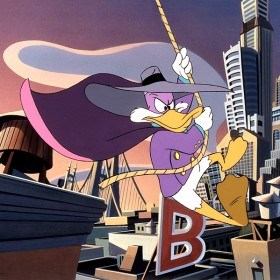 still from cartoon Darkwing Duck featuring eponymous character swing from a rope over rooftops of large metropolis, purple cape billowing behind