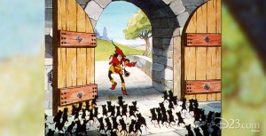 cel from cartoon Pied Piper showing Pied Piper drawing small crowd of mice out through castle gates