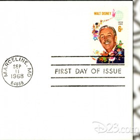 postcard stamped with Walt Disney Stamp having U.S. Postal Service cancelation stamp dated September 11, 1968 and stamped Marceline, Missouri