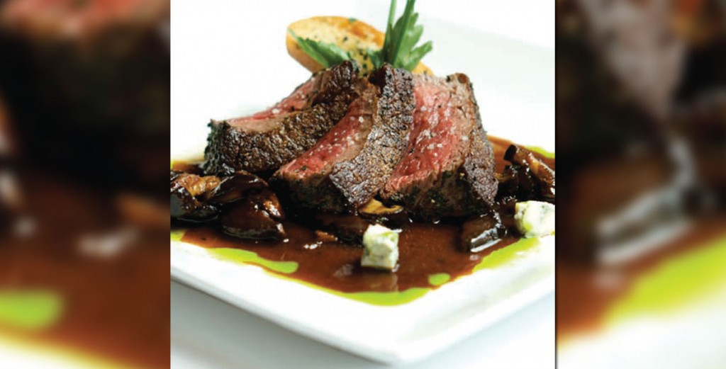 Chef Gloria Tae’s Pan-Roasted New York Steak with Shiitake Mushroom Ragout and Gorgonzola-Spinach Bruschetta