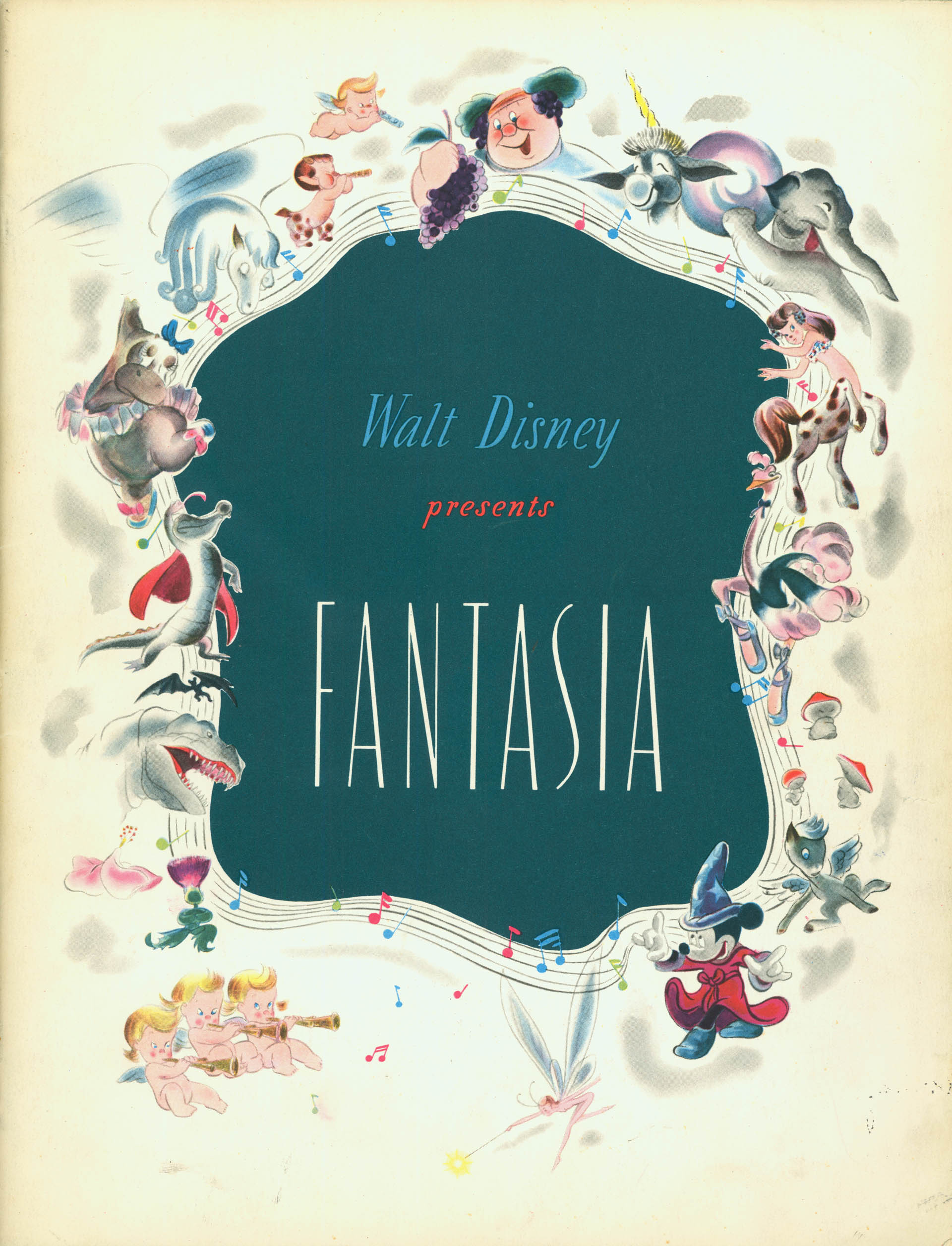 Designed by famed illustrator Gyo Fujikawa, the Fantasia theatre brochure was given to audiences attending the roadshow engagements. Since the film itself had only a title card, the names of the Disney artists who made the film were printed in this program.
