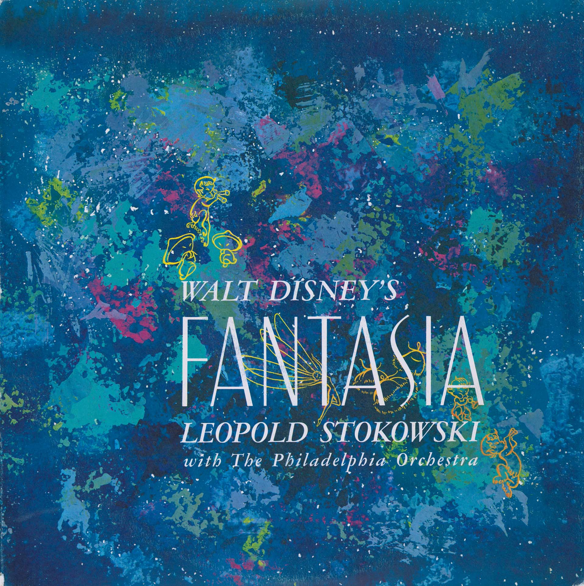 The Fantasia 3-LP album set was housed in this distinctive box with an abstract impressionistic design, complete with Fantasia characters subtly etched over the splashes of paint. Released in 1957, this version of the Fantasia soundtrack was a bestseller for many years.