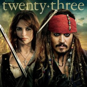 cover of Summer 2011 Disney Twenty-Three D23 Magazine featuring Johnny Depp and Penélope Cruz from the movie Pirates of the Caribbean On Stranger Tides