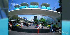 photo of row of PeopleMover cars on curving overhead track at Disneyland