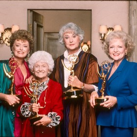 production group photo of cast of Golden Girls each holding an Emmy Award(R) statuette