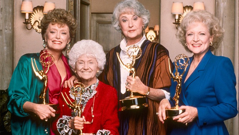 production group photo of cast of Golden Girls each holding an Emmy Award(R) statuette