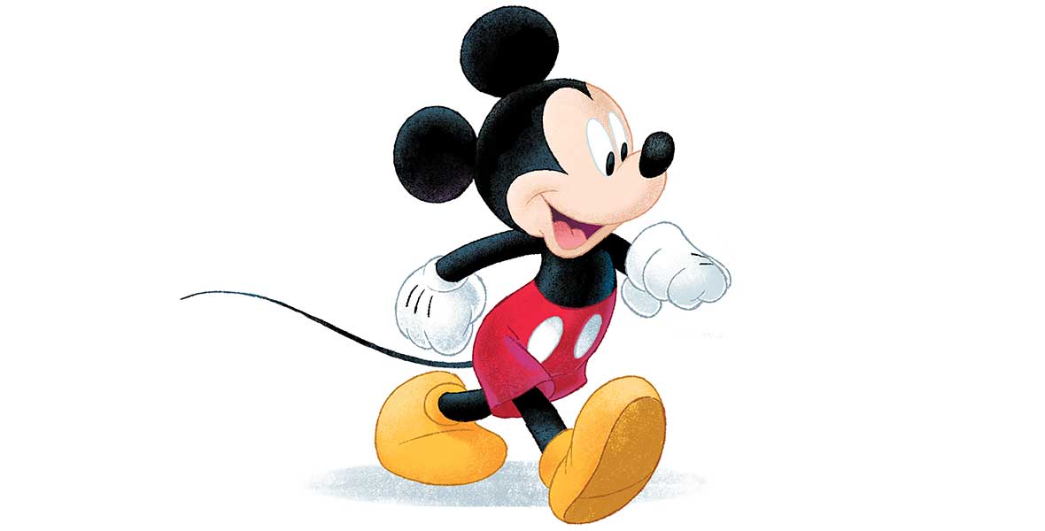 An illustration of Mickey Mouse in his modern iteration, as seen in mid-twentieth century Disney projects onward.