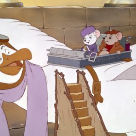 In an image from The Rescuers, two mice, Bernard and Miss Bianca, sit aboard the seagull Orville, who wears aviation goggles and a purple scarf.