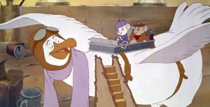 In an image from The Rescuers, two mice, Bernard and Miss Bianca, sit aboard the seagull Orville, who wears aviation goggles and a purple scarf.