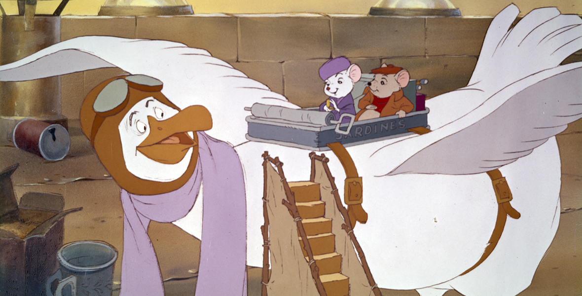 In an image from The Rescuers, two mice, Bernard and Miss Bianca, sit aboard the seagull Orville, who wears aviation goggles and a purple scarf.