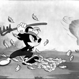 cel from black and white cartoon, The Little Whirlwind featuring Mickey Mouse battling a dust devil with a rake