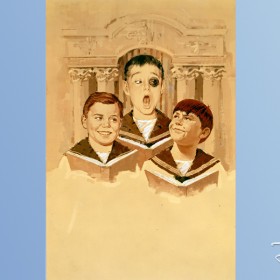 illustration of three boys singing from hymnals, one with a black eye, from Almost Angels