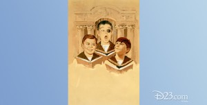 illustration of three boys singing from hymnals, one with a black eye, from Almost Angels