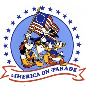 illustrated logo art for America on Parade featuring Mickey Mouse and Donald Duck carrying Old Glory