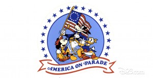 illustrated logo art for America on Parade featuring Mickey Mouse and Donald Duck carrying Old Glory