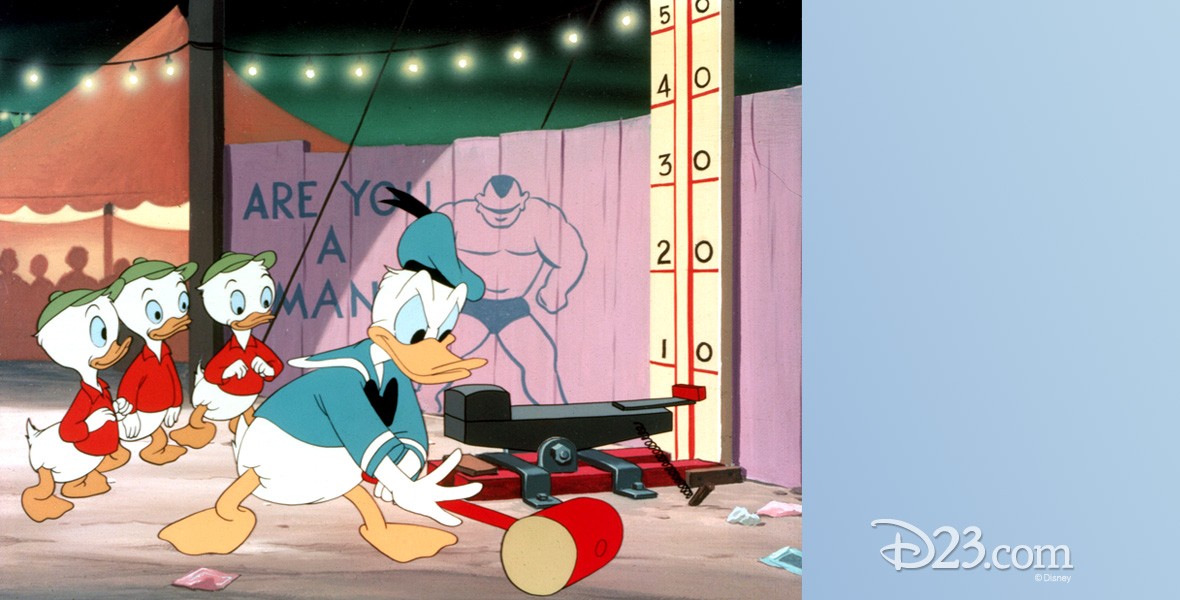 animation cel from Canvas Back Duck (film) featuring Donald Duck with Huey, Dewey, and Louie