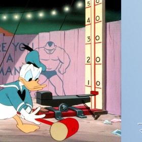 animation cel from Canvas Back Duck (film) featuring Donald Duck with Huey, Dewey, and Louie