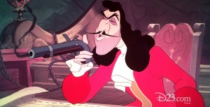 animation cel of Captain Hook seated holding a flintlock pistol