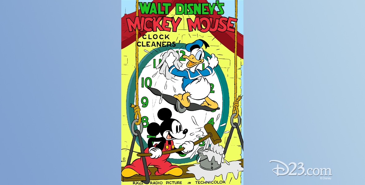 one-sheet movie poster for Clock Cleaners , featuring Mickey Mouse and Donald Duck