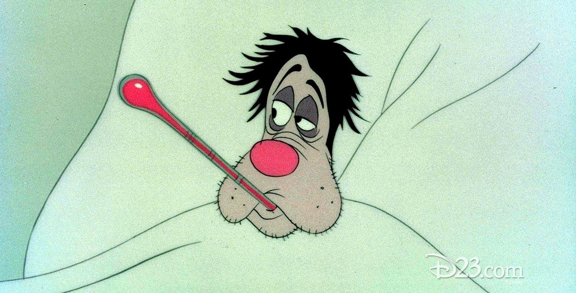 cel frame from Goofy cartoon Cold War featuring Goofy in be with a thermometer in his mouth.