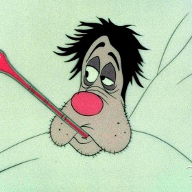 cel frame from Goofy cartoon Cold War featuring Goofy in be with a thermometer in his mouth.