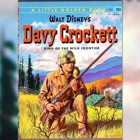 illustrated book cover Davy Crockett, King of the Wild Frontier, crouching in his leather jacket and coonskin cap holding his rifle