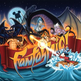 poster art for the Fantasmic! evening water show, featuring Mickey Mouse dressed as a wizard and battling a host of cartoon characters
