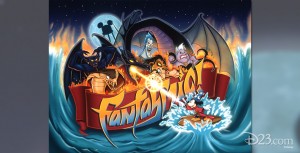 poster art for the Fantasmic! evening water show, featuring Mickey Mouse dressed as a wizard and battling a host of cartoon characters