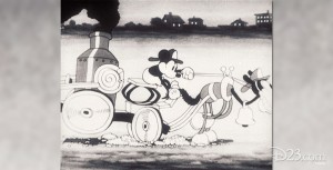 cel from black-and-white Mickey Mouse cartoon, The Fire Fighters showing Mickey driving a one-dog fire engine in a big hurry