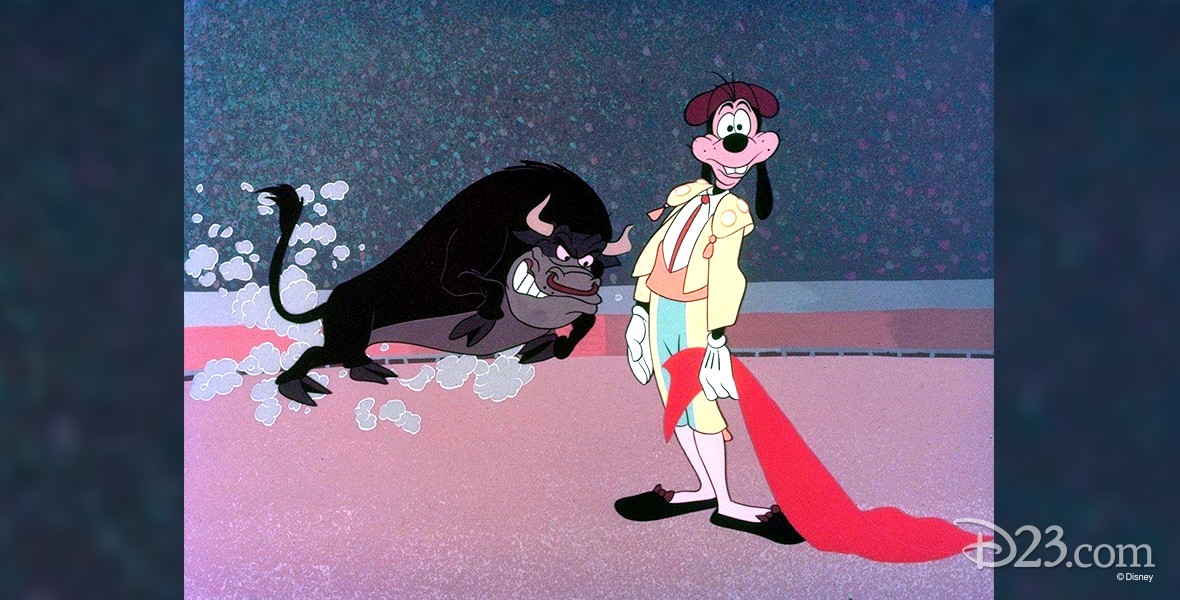 cel from cartoon For Whom the Bulls Toil featuring Goofy smiling as an enraged bull charges him