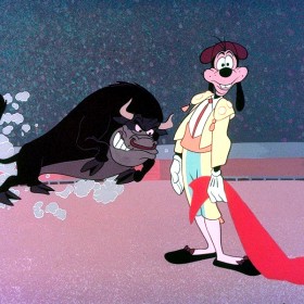 cel from cartoon For Whom the Bulls Toil featuring Goofy smiling as an enraged bull charges him