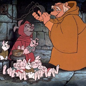 cel from animated Robin Hood featuring badger Friar Tuck