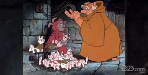 cel from animated Robin Hood featuring badger Friar Tuck
