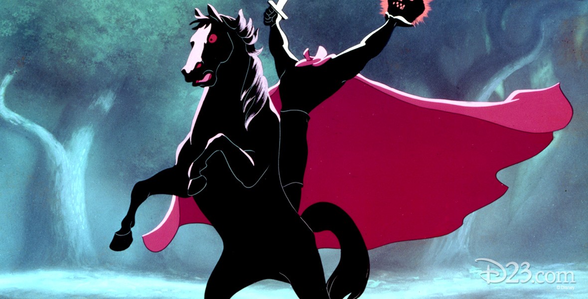 cel from animated The Adventures of Ichabod and Mr. Toad showing headless horseman atop rearing stallion brandishing sword red cape flowing
