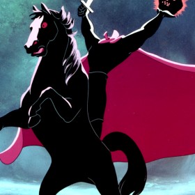 cel from animated The Adventures of Ichabod and Mr. Toad showing headless horseman atop rearing stallion brandishing sword red cape flowing