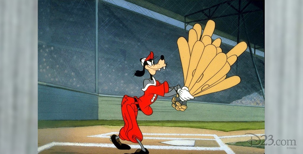 cel from cartoon How to Play Baseball showing Goofy at bat with several bats