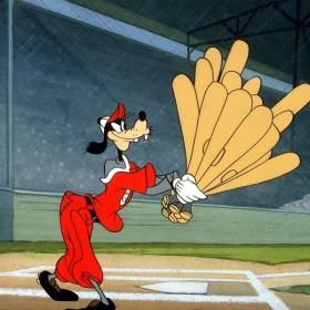 cel from cartoon How to Play Baseball showing Goofy at bat with several bats