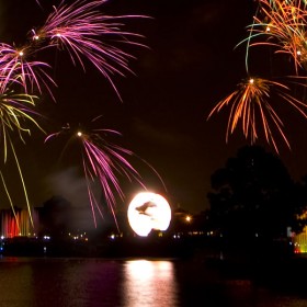 Fireworks and lasers from the IllumiNations show at Walt Disney World