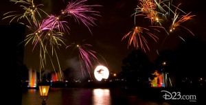 Fireworks and lasers from the IllumiNations show at Walt Disney World