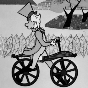 Character riding a bicycle in Mickey Mouse Club cartoon I'm No Fool with A Bicycle